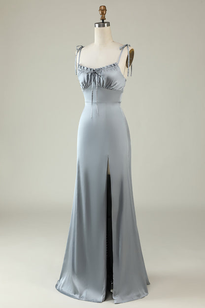 Spaghetti Straps Satin Grey Bridesmaid Dress with Slit