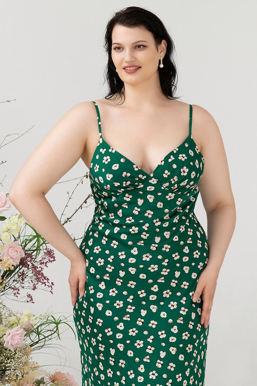 Green Floral Print Summer Plus Size Bridesmaid Dress