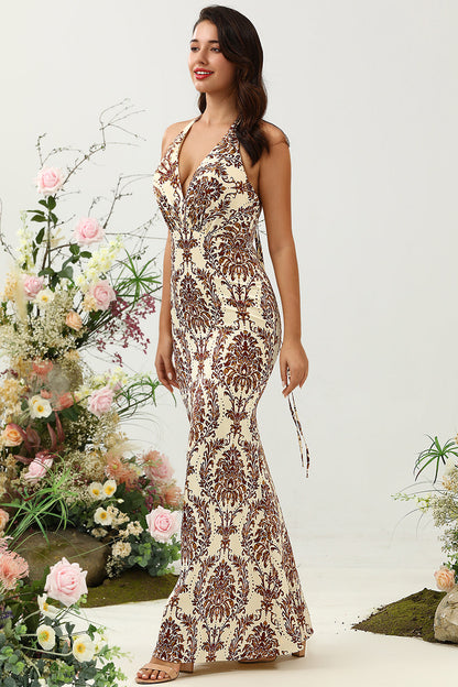 Mermaid Printed Brown Long Bridesmaid Dress