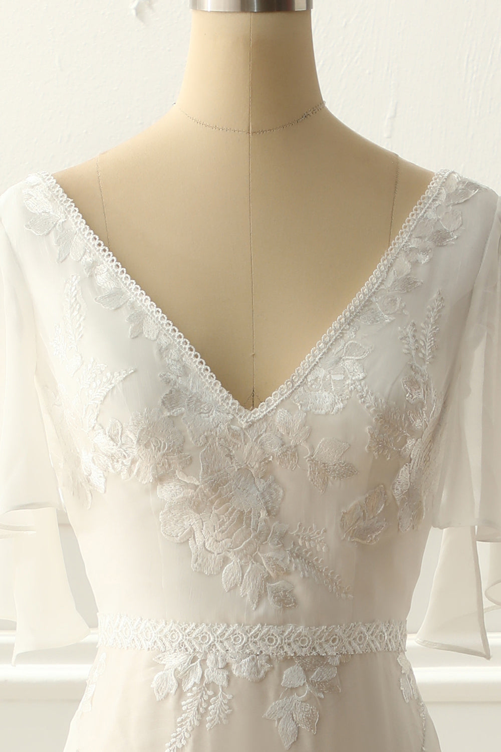 Ivory V Neck A Line Long Wedding Dress With Appliques