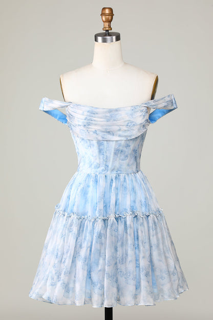 Cute A Line Off the Shoulder Blue Printed Short Homecoming Dress with Ruffles