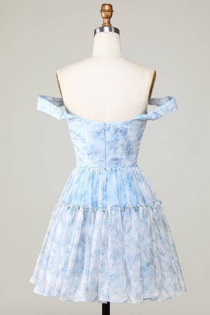 Cute A Line Off the Shoulder Blue Printed Short Homecoming Dress with Ruffles