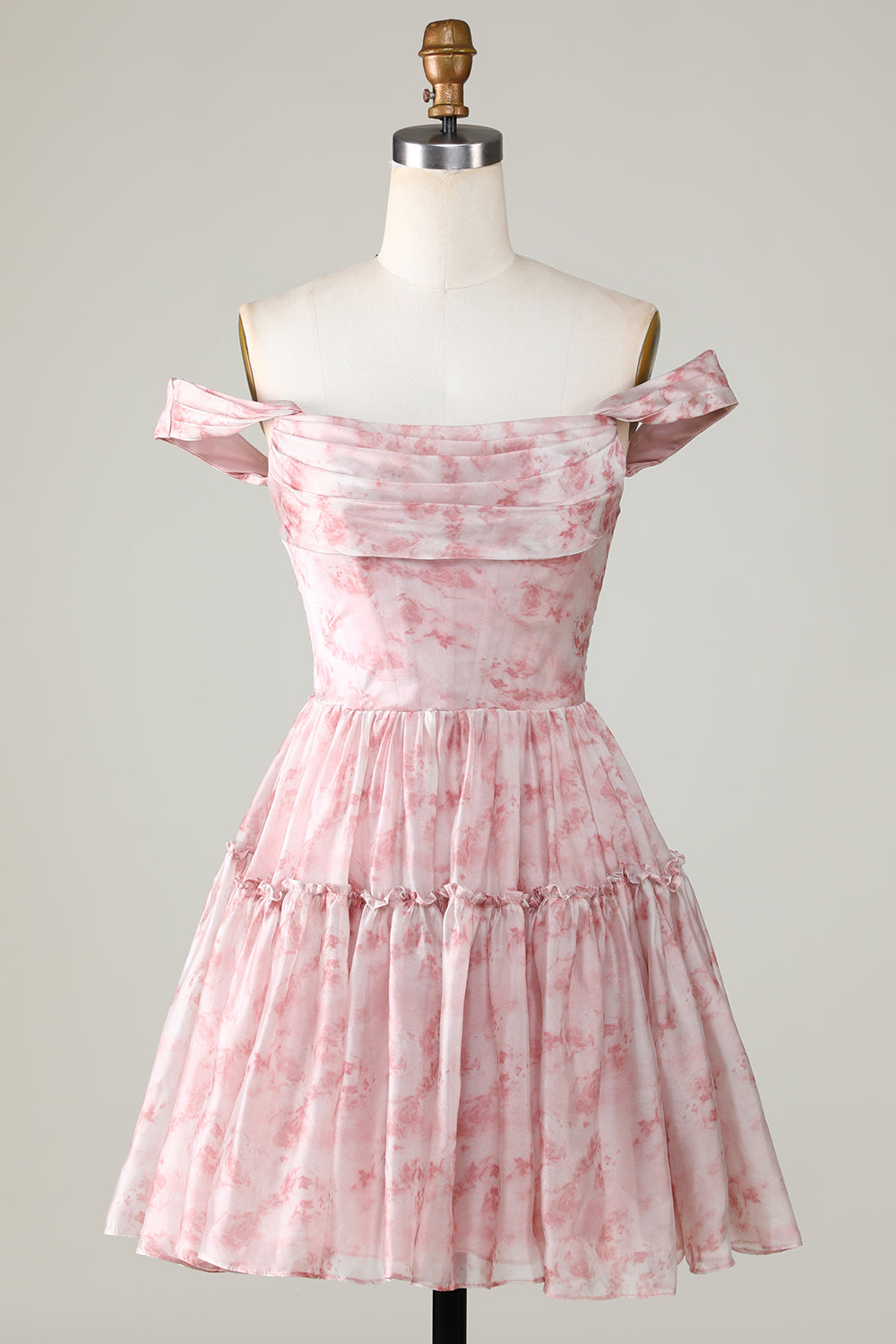 A Line Cute Blush Printed Short Homecoming Dress with Ruffles