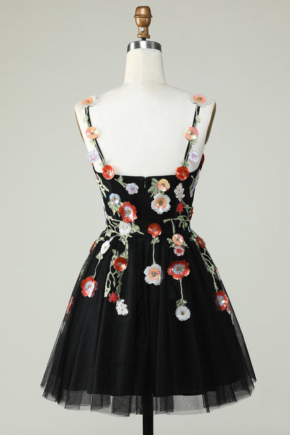 Spaghetti Straps Black A Line Sequin Flowers Homecoming Dress