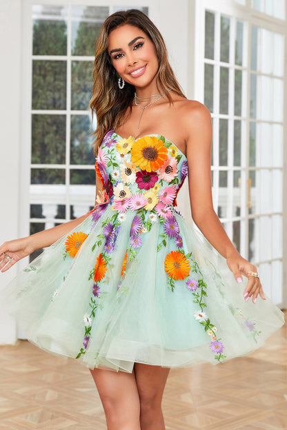 Gorgeous A Line Light Green Strapless Homecoming Dress with 3D Flowers