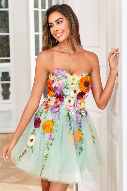 Gorgeous A Line Light Green Strapless Homecoming Dress with 3D Flowers