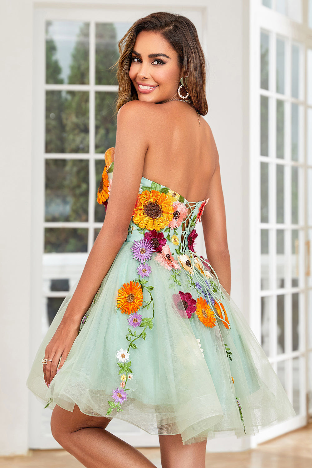 Champagne Strapless Homecoming Dress with 3D Flowers