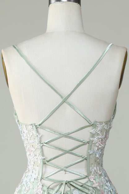 Dusty Sage Green Spaghetti Straps Homecoming Dress With Criss Cross Back