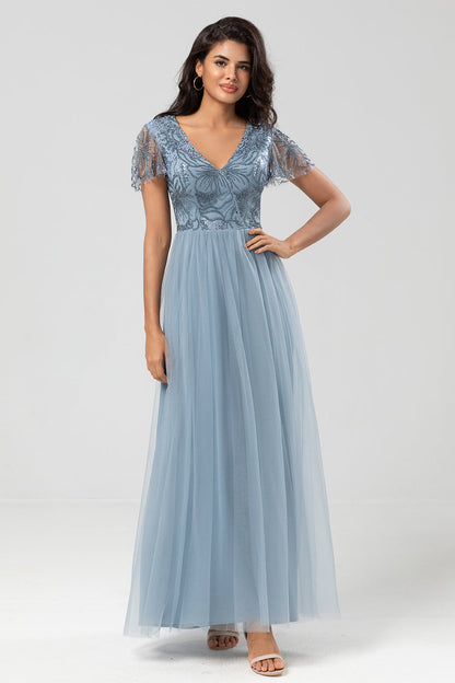 Confidently Charismatic A Line V Neck Dusty Blue Long Bridesmaid Dress with Beading