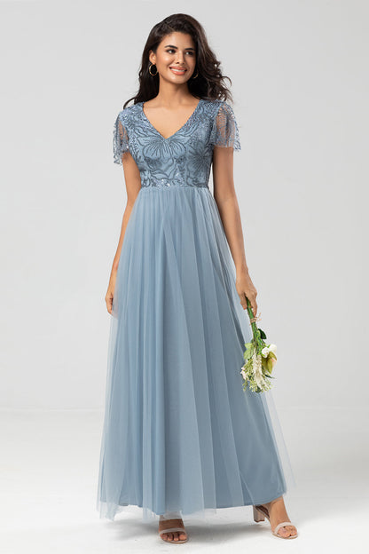 Confidently Charismatic A Line V Neck Dusty Blue Long Bridesmaid Dress with Beading