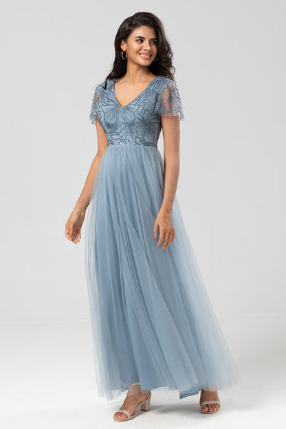 Confidently Charismatic A Line V Neck Dusty Blue Long Bridesmaid Dress with Beading