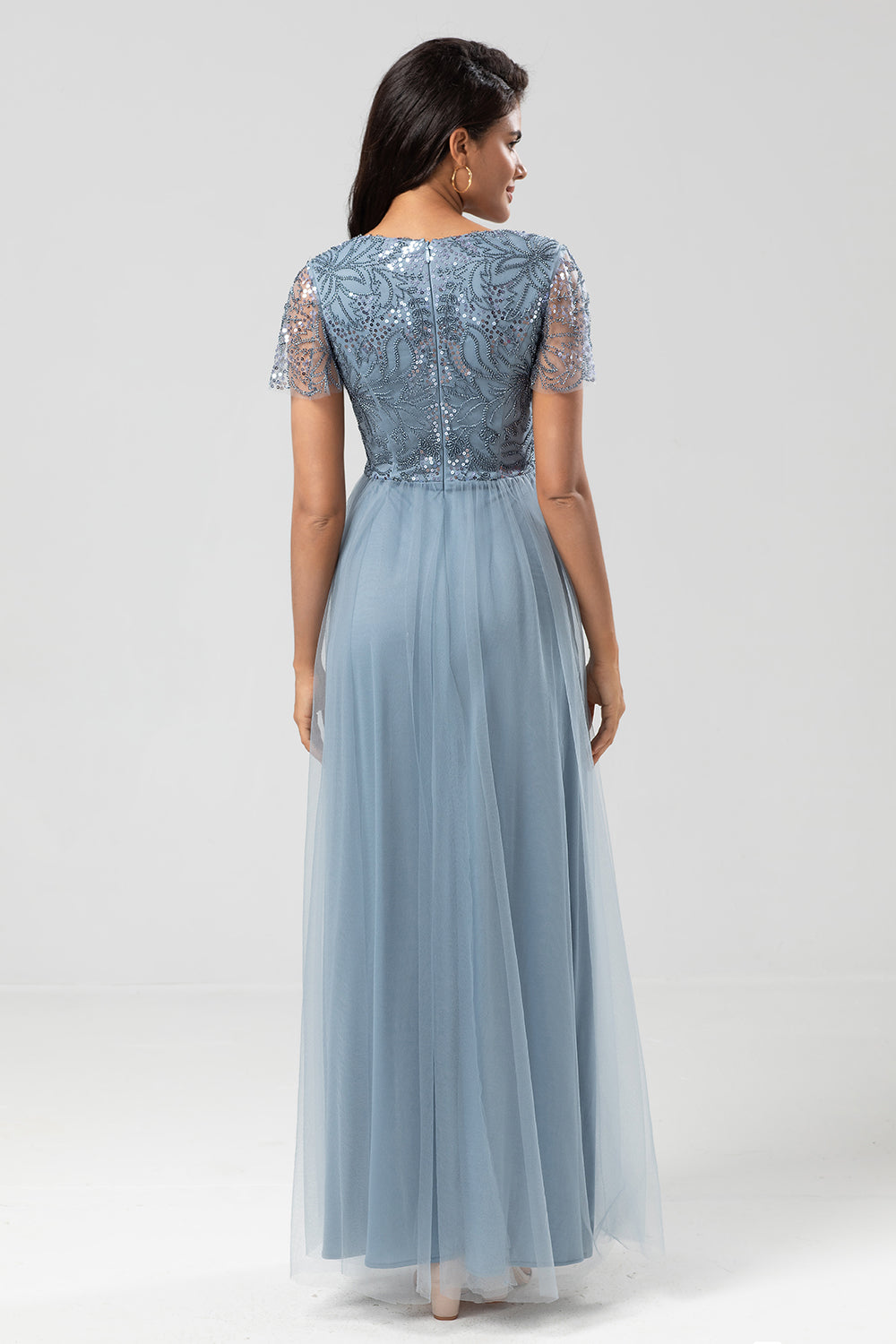 Confidently Charismatic A Line V Neck Dusty Blue Long Bridesmaid Dress with Beading