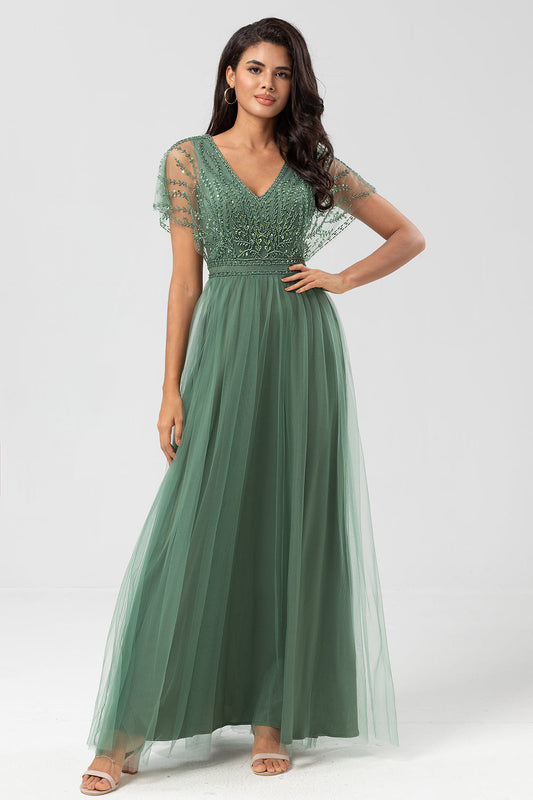 Epitome of Romance A-Line V Neck Eucalyptus Long Bridesmaid Dress with Beading