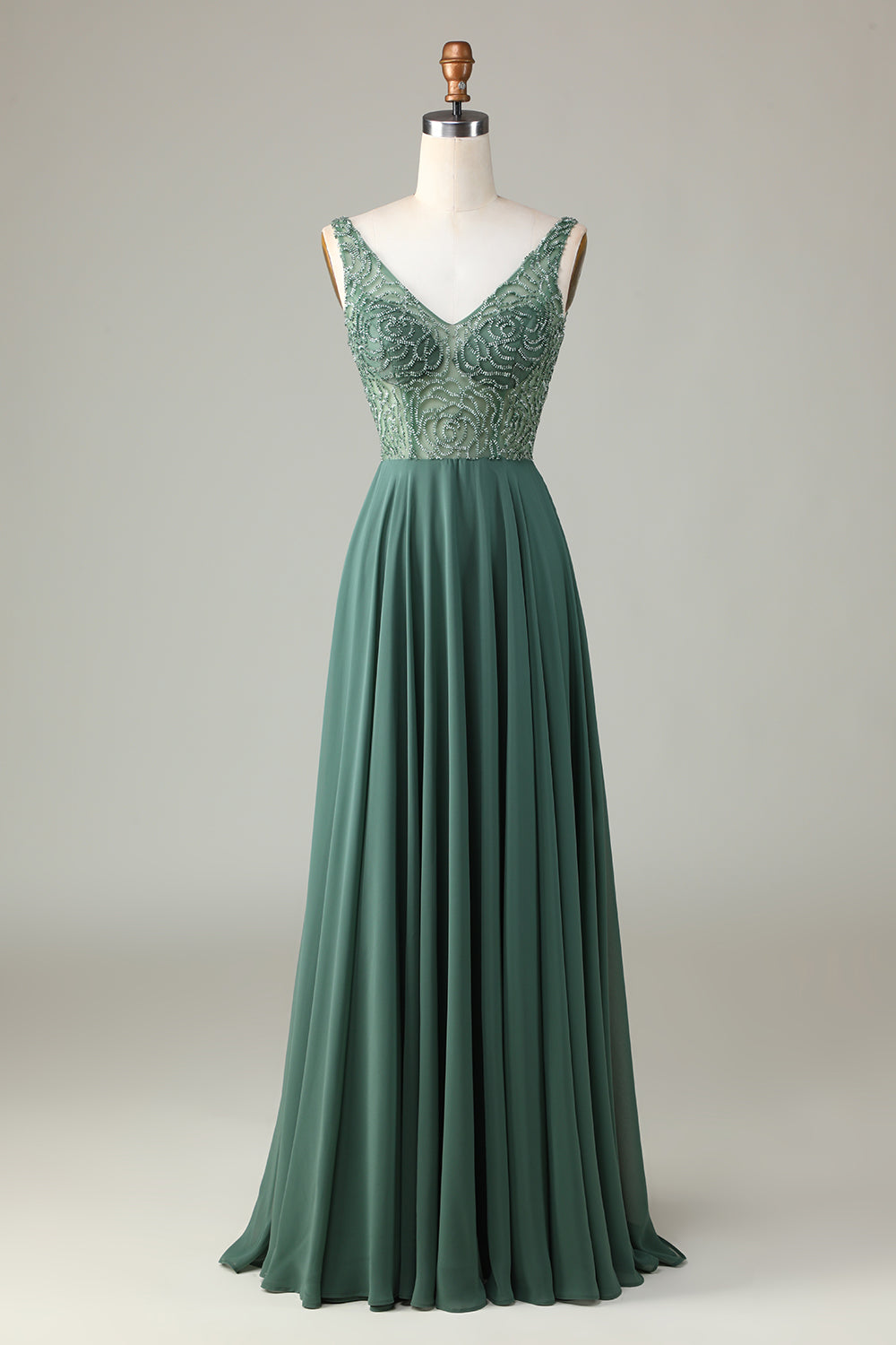 Confidently Charismatic A Line V Neck Eucalyptus Long Bridesmaid Dress with Beading