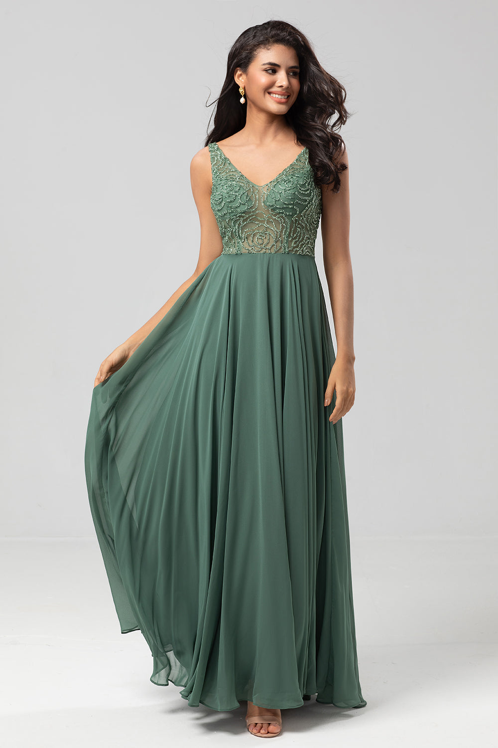 Confidently Charismatic A Line V Neck Eucalyptus Long Bridesmaid Dress with Beading