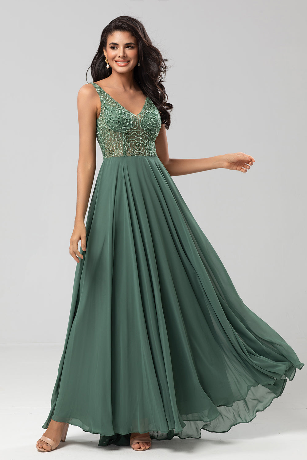 Confidently Charismatic A Line V Neck Eucalyptus Long Bridesmaid Dress with Beading