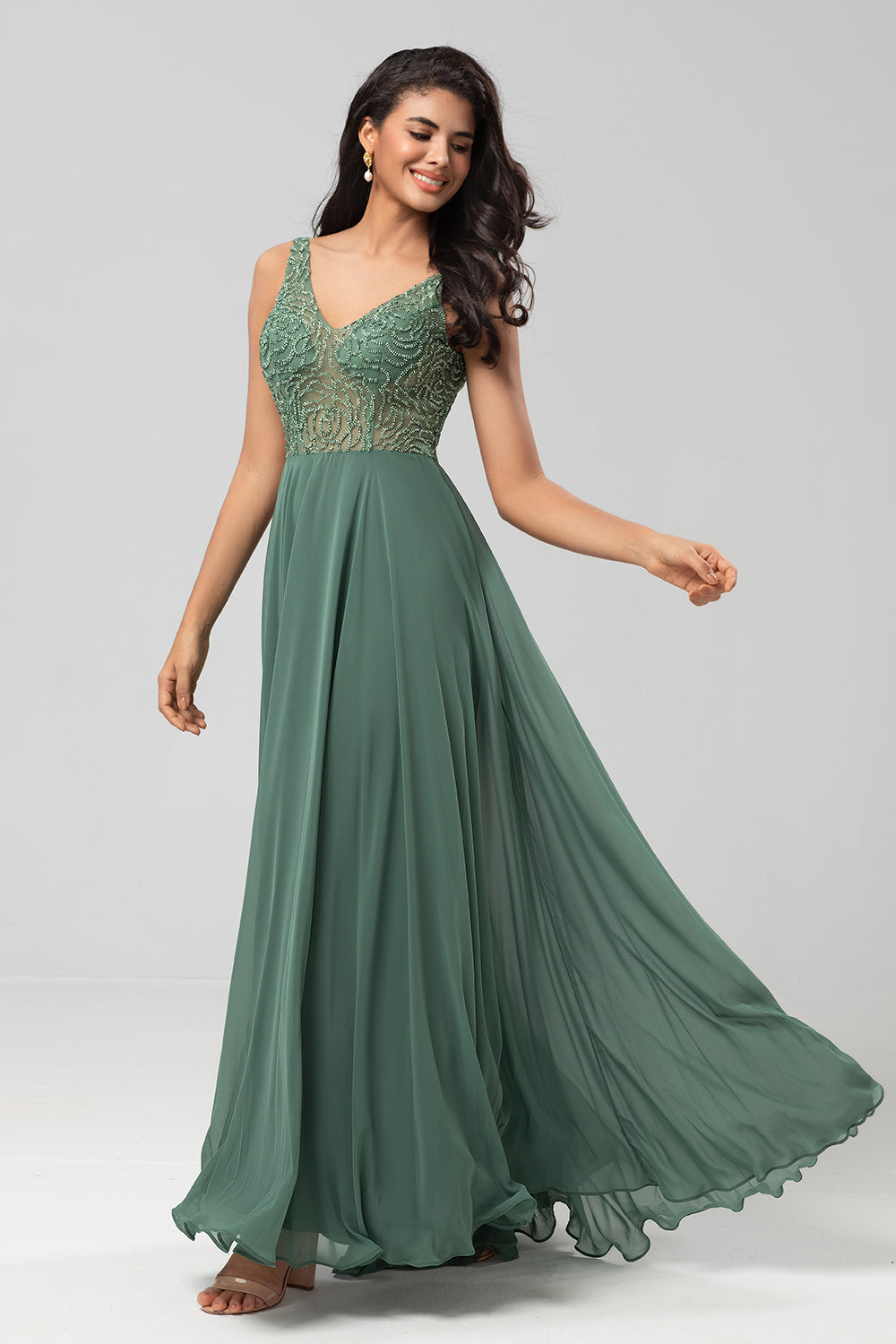 Confidently Charismatic A Line V Neck Eucalyptus Long Bridesmaid Dress with Beading