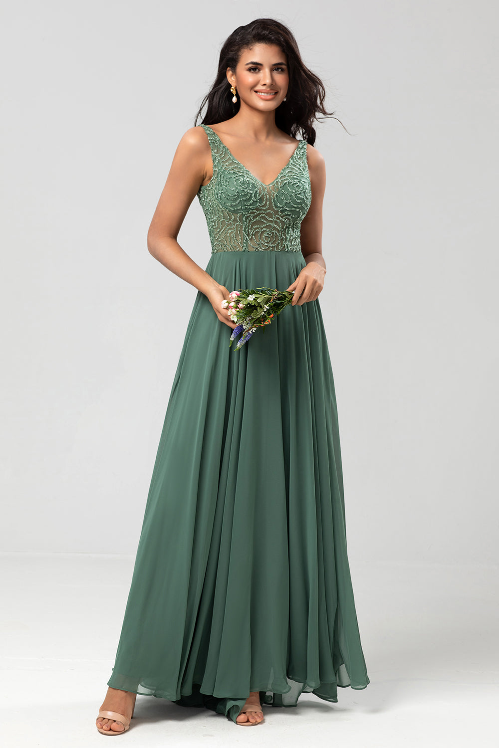 Confidently Charismatic A Line V Neck Eucalyptus Long Bridesmaid Dress with Beading