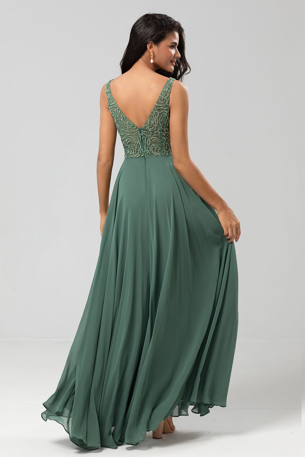 Confidently Charismatic A Line V Neck Eucalyptus Long Bridesmaid Dress with Beading