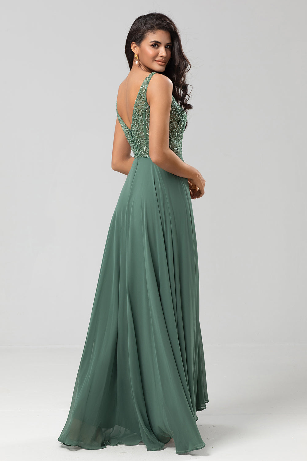 Confidently Charismatic A Line V Neck Eucalyptus Long Bridesmaid Dress with Beading