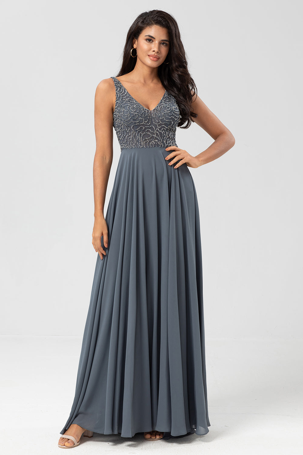 Confidently Charismatic A Line V Neck Eucalyptus Long Bridesmaid Dress with Beading