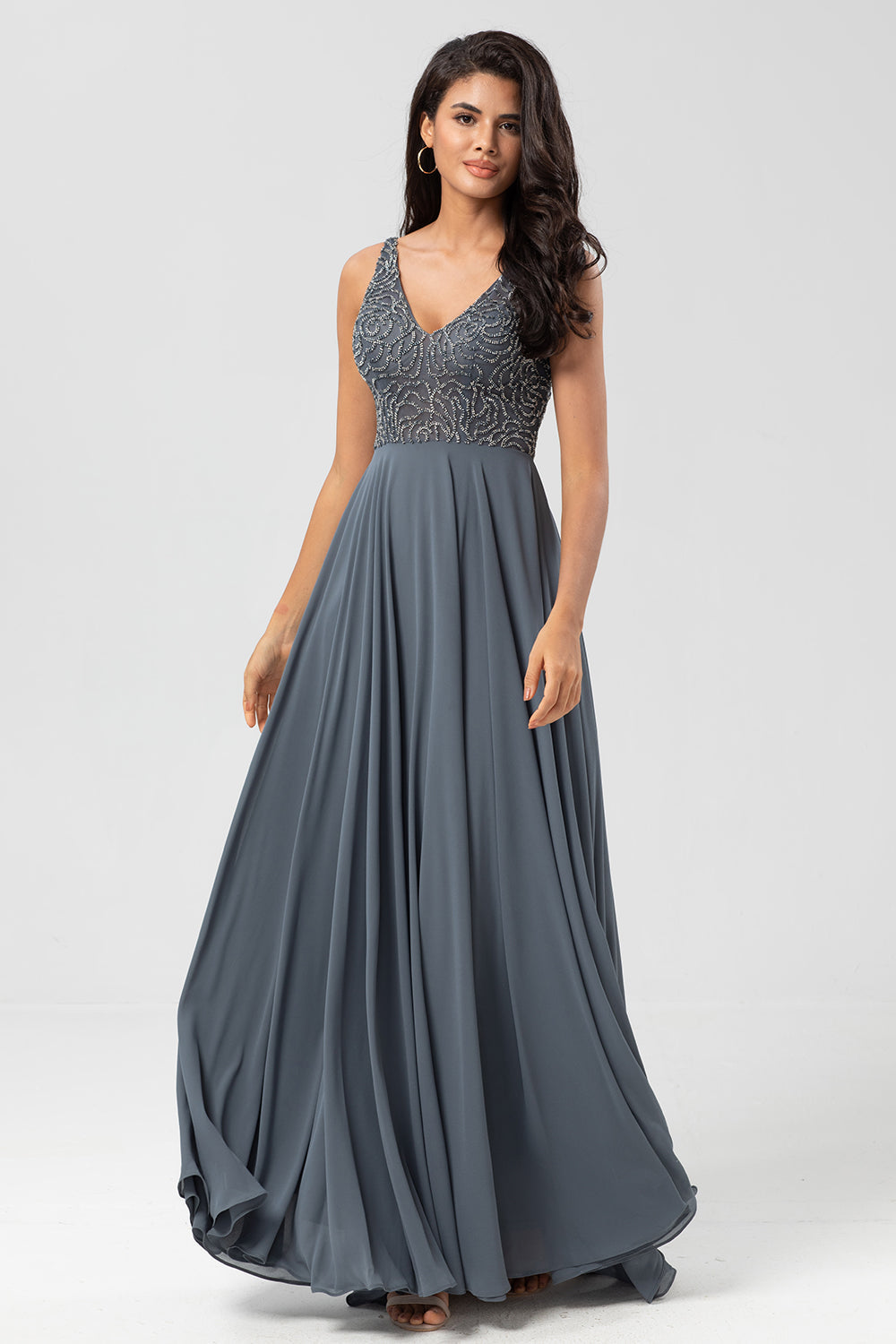 Confidently Charismatic A Line V Neck Eucalyptus Long Bridesmaid Dress with Beading