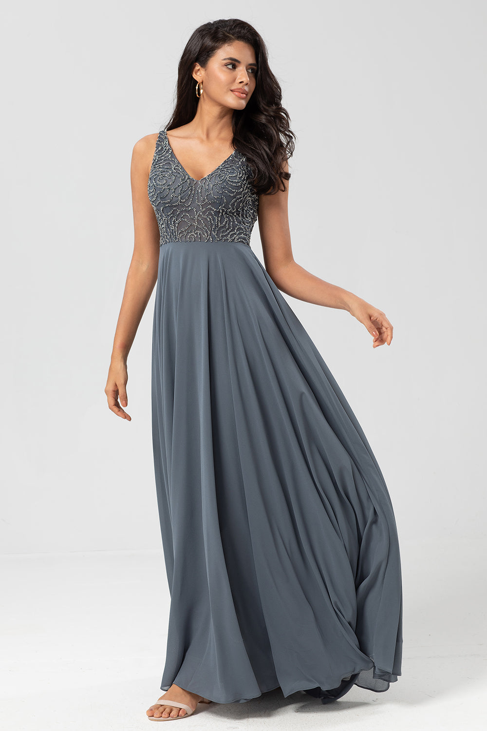 Confidently Charismatic A Line V Neck Eucalyptus Long Bridesmaid Dress with Beading