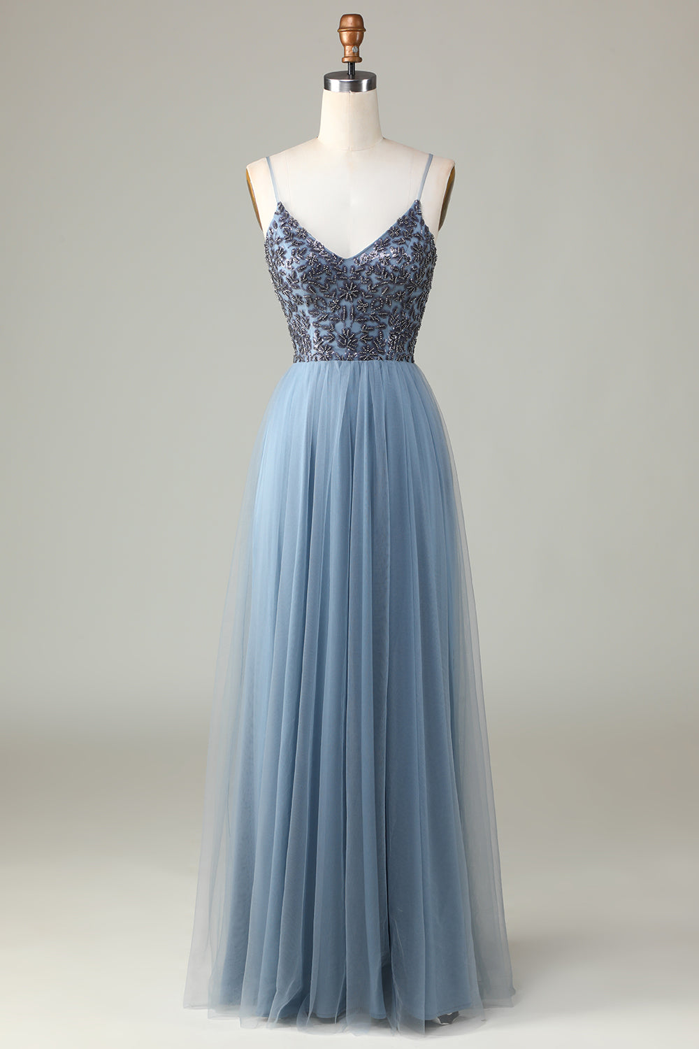 Chic Romantic A Line Spaghetti Straps Dusty Blue Long Bridesmaid Dress with Beading