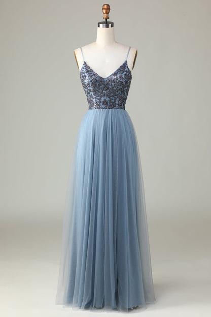 Beaded Spaghetti Straps Dusty Blue Bridesmaid Dress