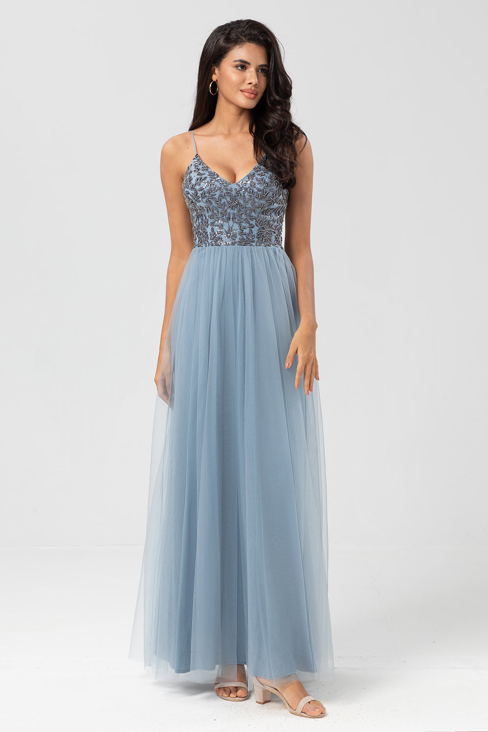 Chic Romantic A Line Spaghetti Straps Dusty Blue Long Bridesmaid Dress with Beading