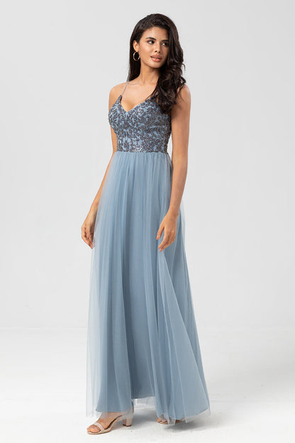 Chic Romantic A Line Spaghetti Straps Dusty Blue Long Bridesmaid Dress with Beading