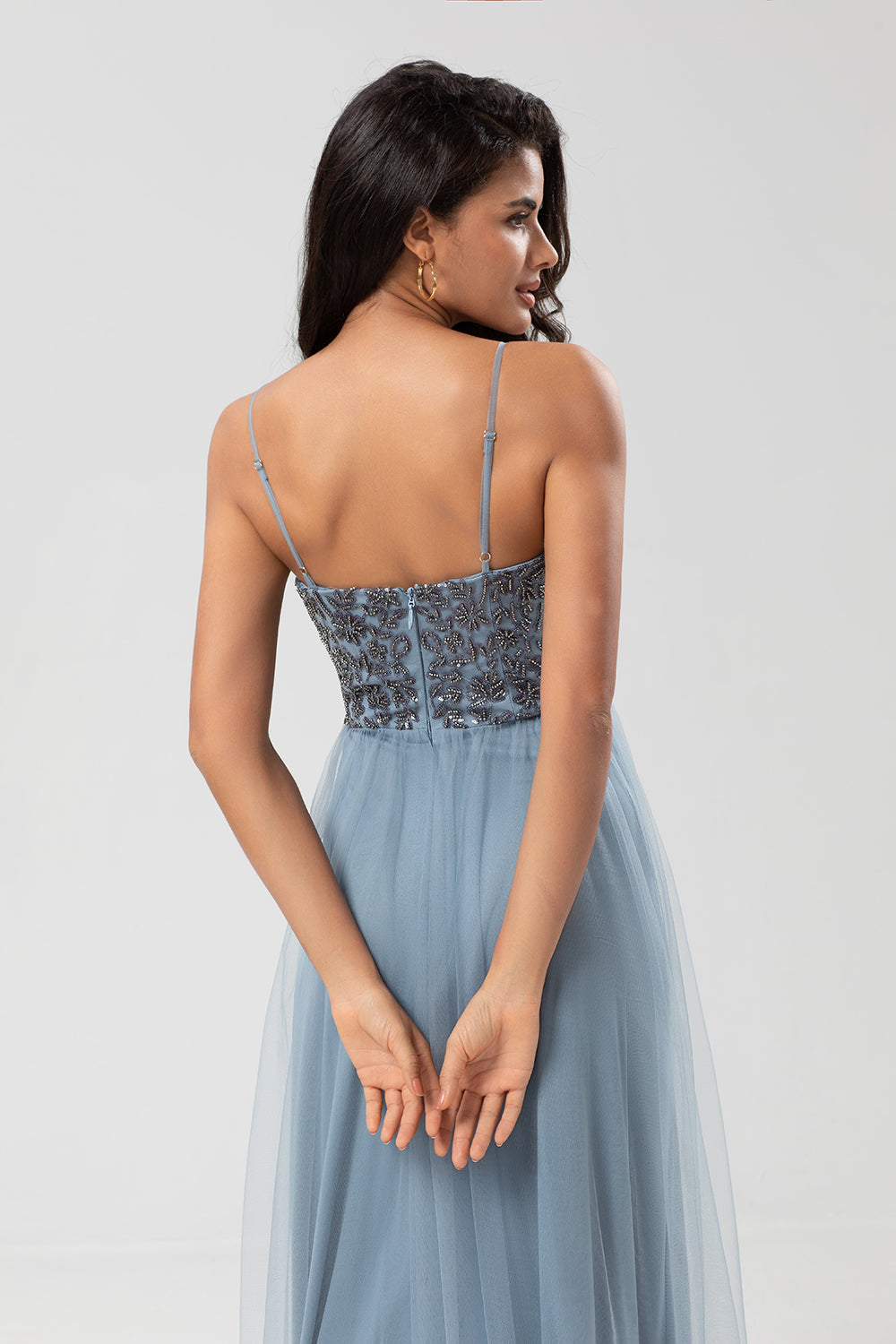 Chic Romantic A Line Spaghetti Straps Dusty Blue Long Bridesmaid Dress with Beading