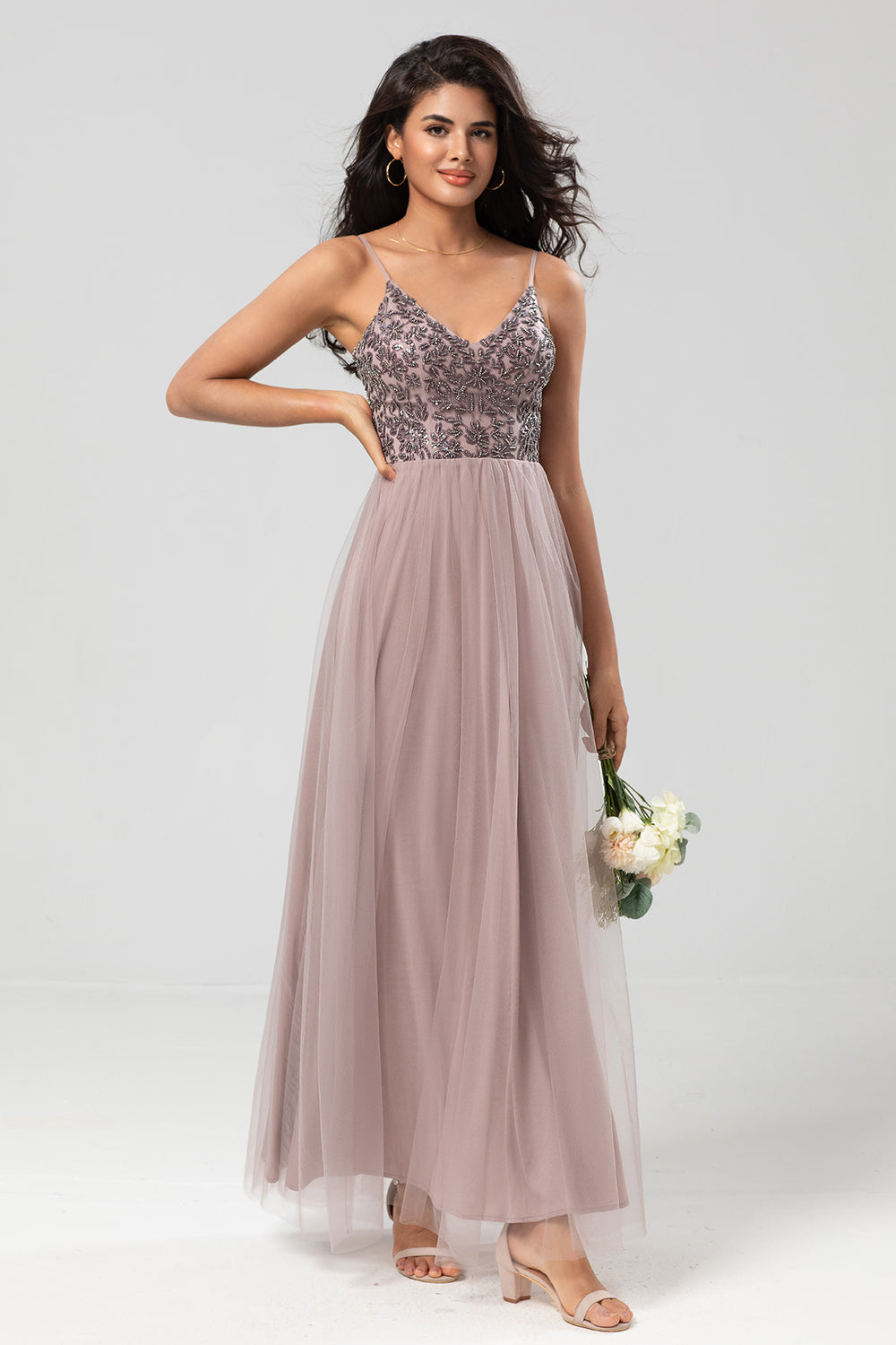 Chic Romantic A Line Spaghetti Straps Dusty Blue Long Bridesmaid Dress with Beading