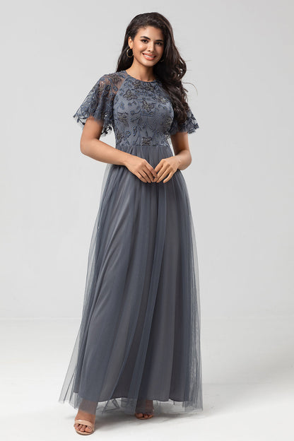 Classic Elegance A-Line Jewel Neck Grey Long Bridesmaid Dress with Short Sleeves