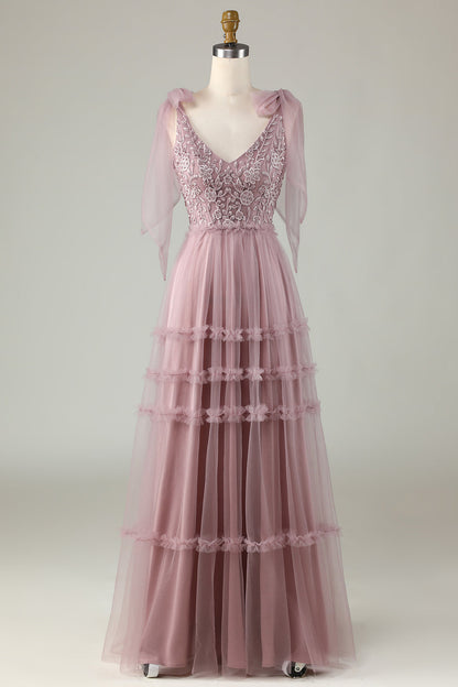 Keeper of My Heart A-Line V Neck Dusty Pink Long Bridesmaid Dress with Beading