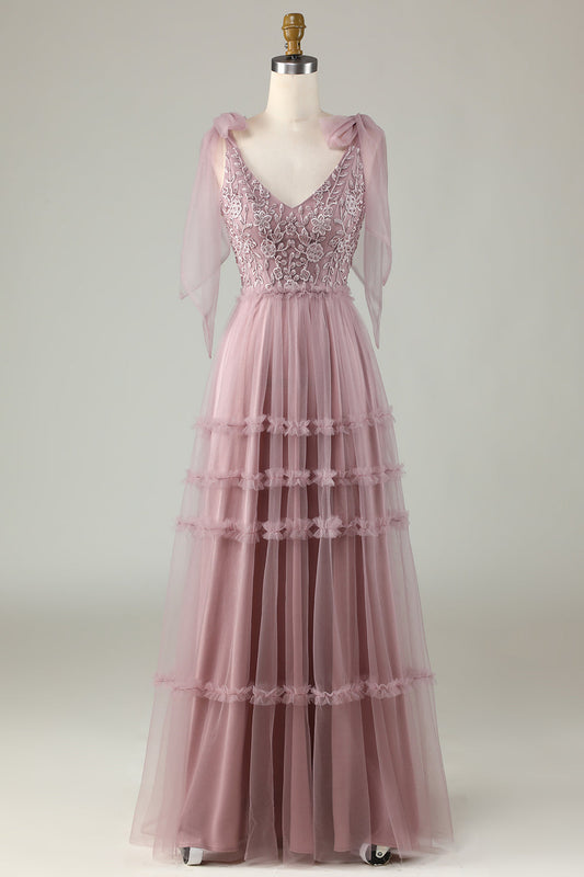 Tulle V-Neck Dusty Pink Bridesmaid Dress with Beading