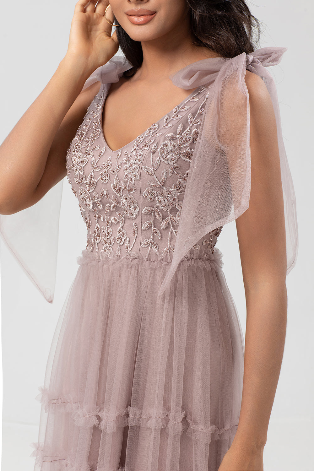 Keeper of My Heart A-Line V Neck Dusty Pink Long Bridesmaid Dress with Beading