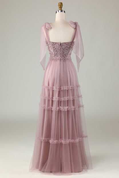 Tulle V-Neck Dusty Pink Bridesmaid Dress with Beading