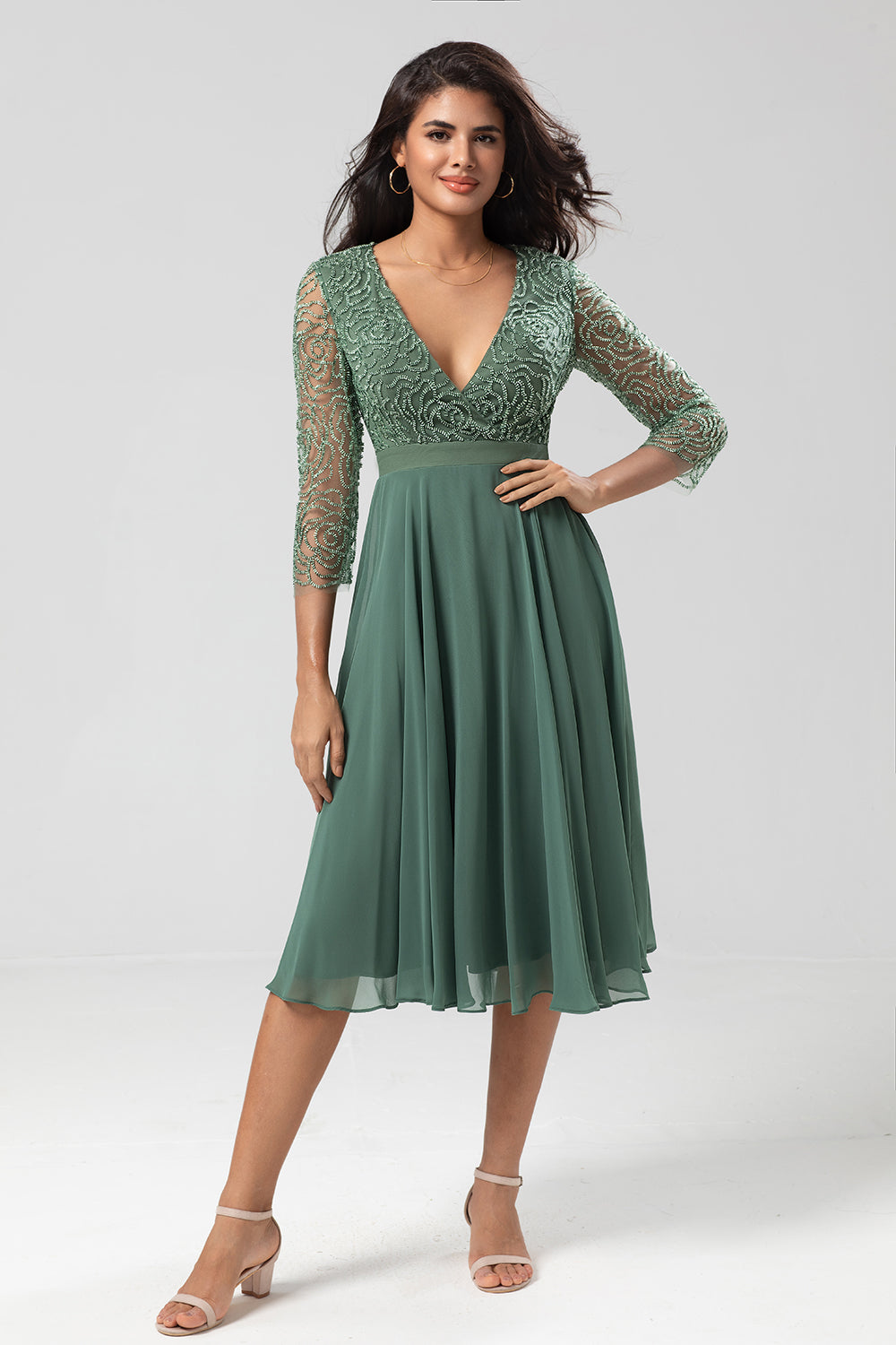 Keeper of My Heart A Line V-Neck Eucalyptus Bridesmaid Dress with Long Sleeves