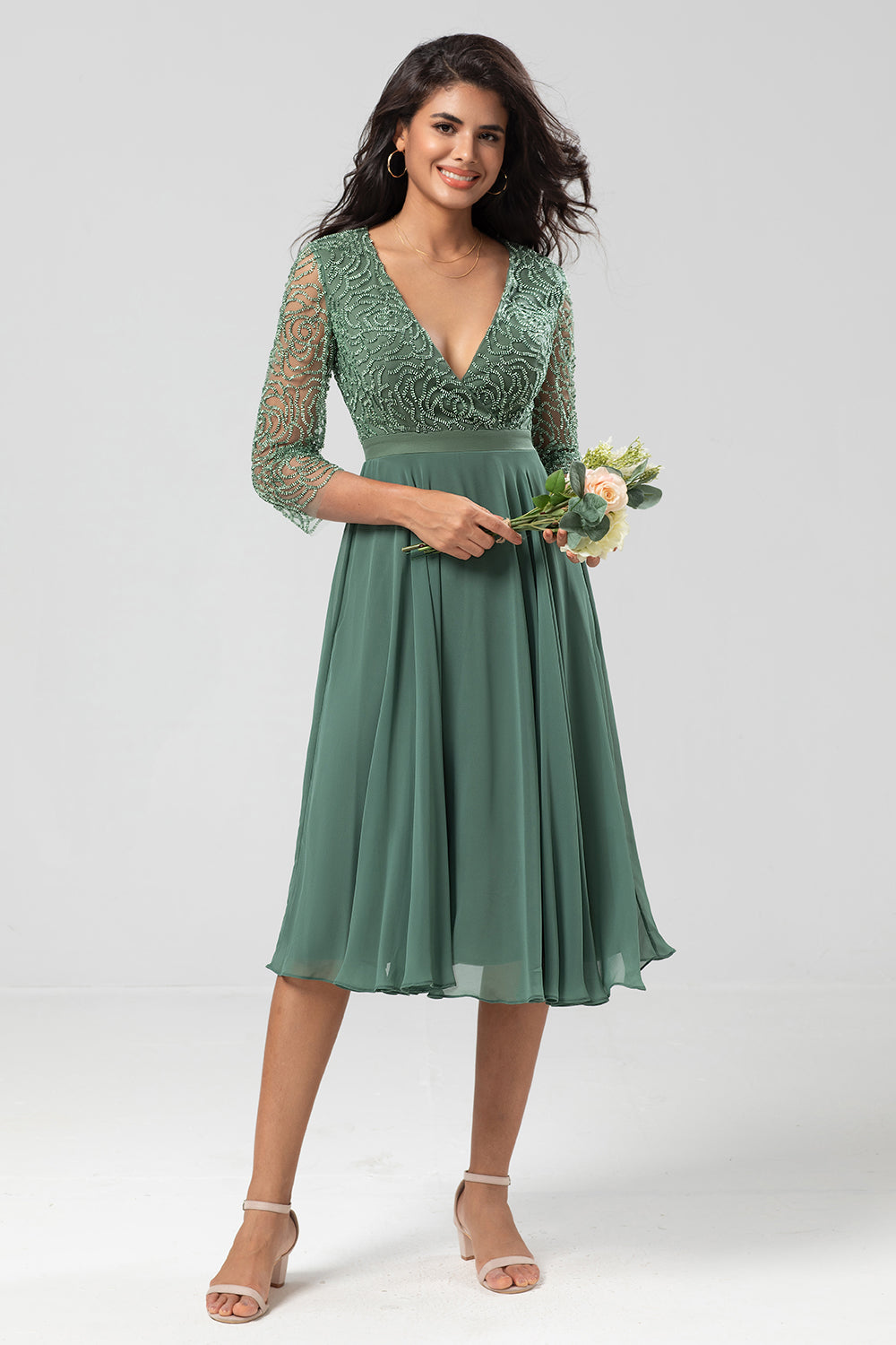 Keeper of My Heart A Line V-Neck Eucalyptus Bridesmaid Dress with Long Sleeves