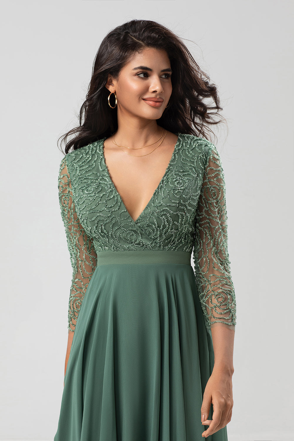 Keeper of My Heart A Line V-Neck Eucalyptus Bridesmaid Dress with Long Sleeves