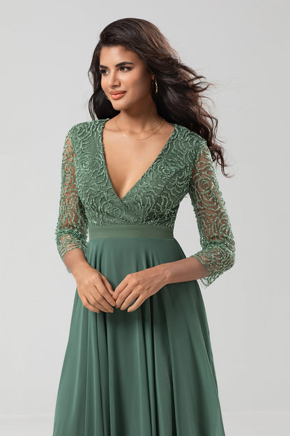 Keeper of My Heart A Line V-Neck Eucalyptus Bridesmaid Dress with Long Sleeves