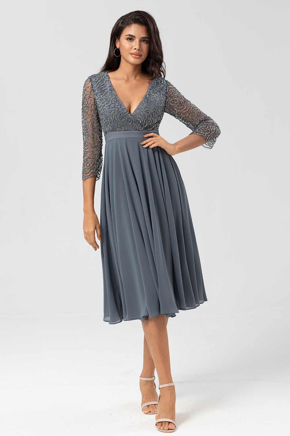 Keeper of My Heart A Line V-Neck Eucalyptus Bridesmaid Dress with Long Sleeves