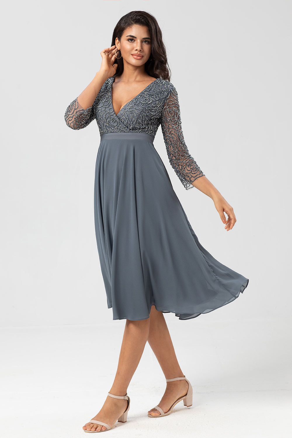 Keeper of My Heart A Line V-Neck Eucalyptus Bridesmaid Dress with Long Sleeves