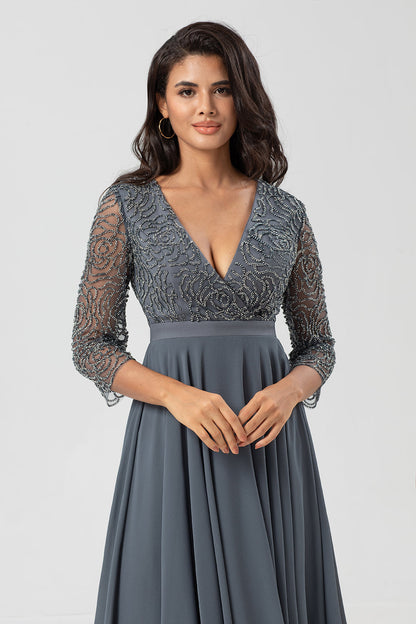 Keeper of My Heart A Line V-Neck Eucalyptus Bridesmaid Dress with Long Sleeves