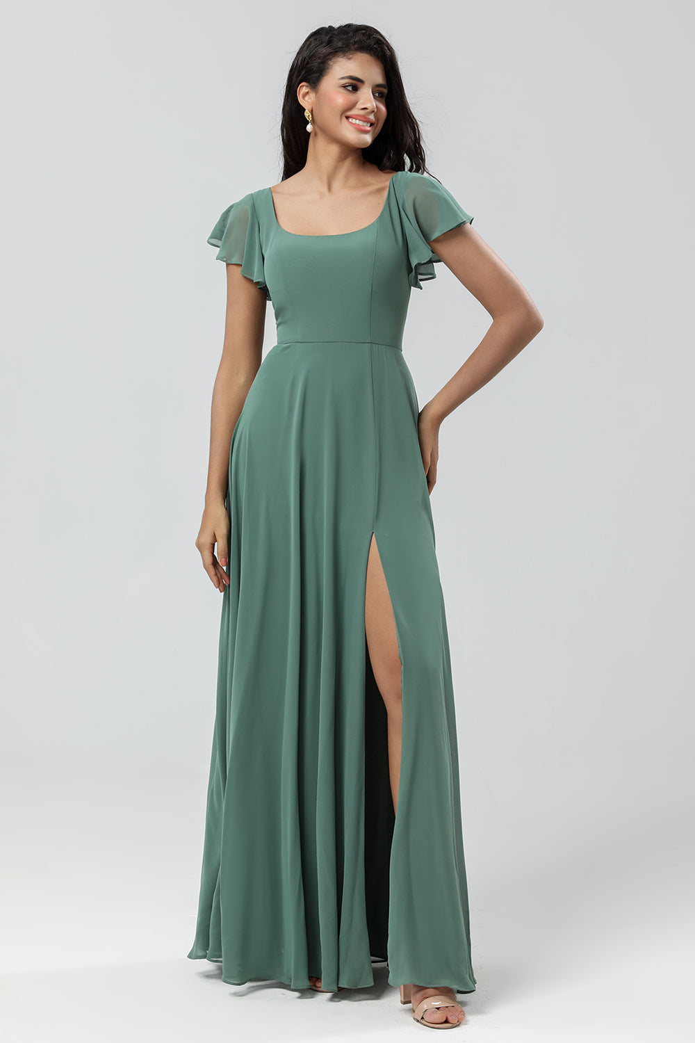 A-Line Green Long Bridesmaid Dress with Ruffles