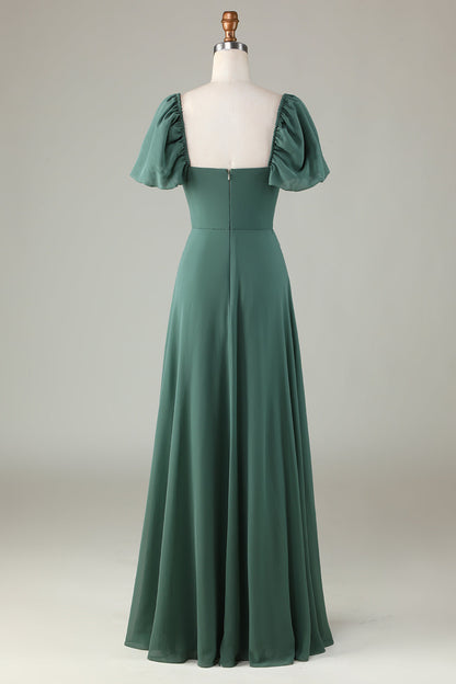 Chiffon Puff Sleeves Eucalyptus Bridesmaid Dress