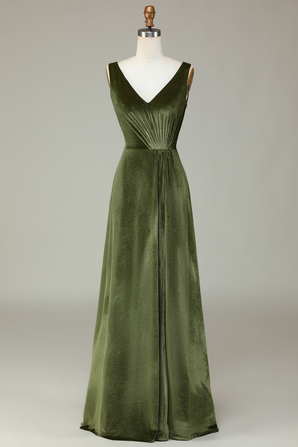 V-Neck Sleeveless A Line Olive Velvet Bridesmaid Dress with Slit