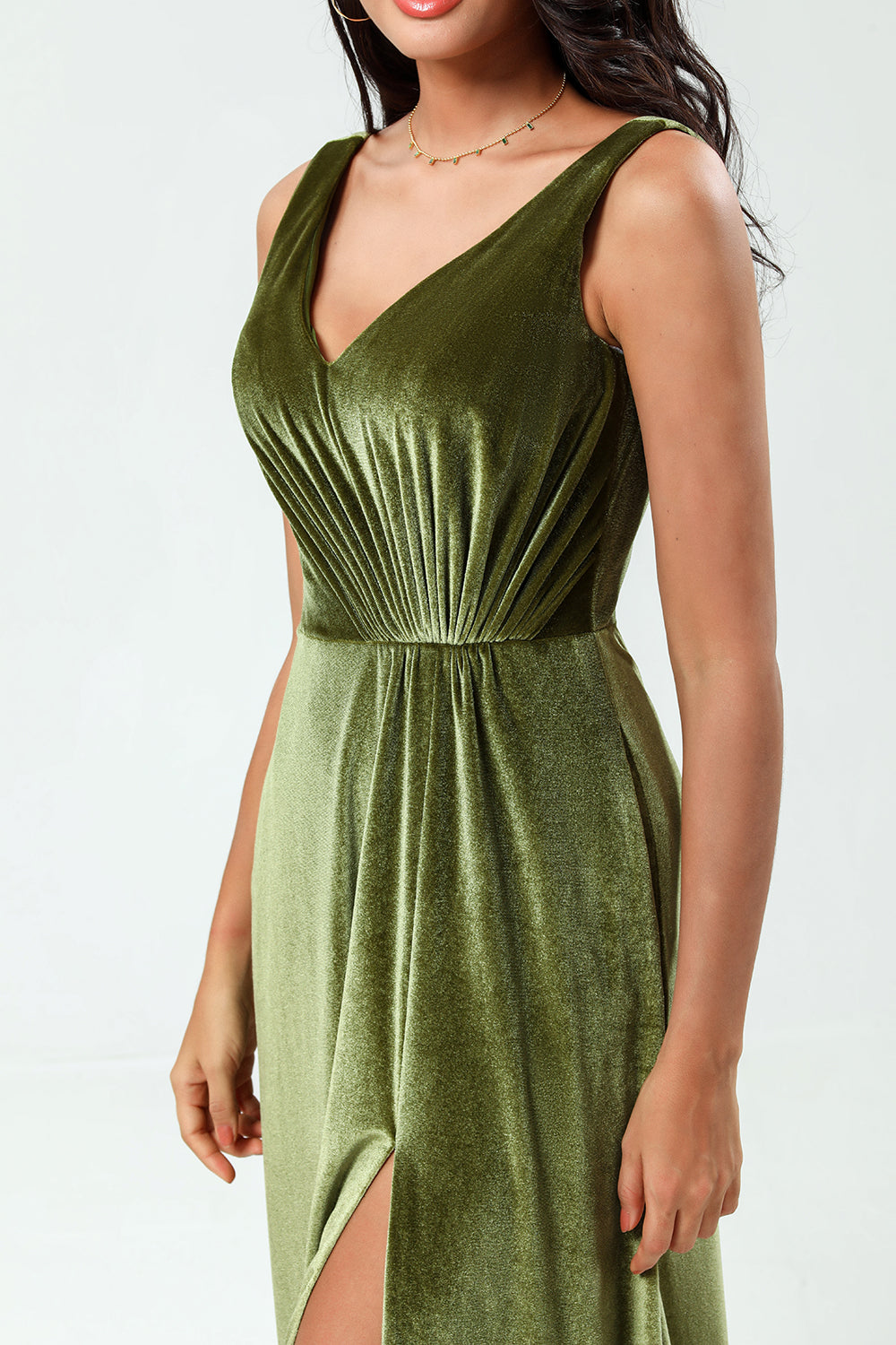 V-Neck Sleeveless A Line Olive Velvet Bridesmaid Dress with Slit