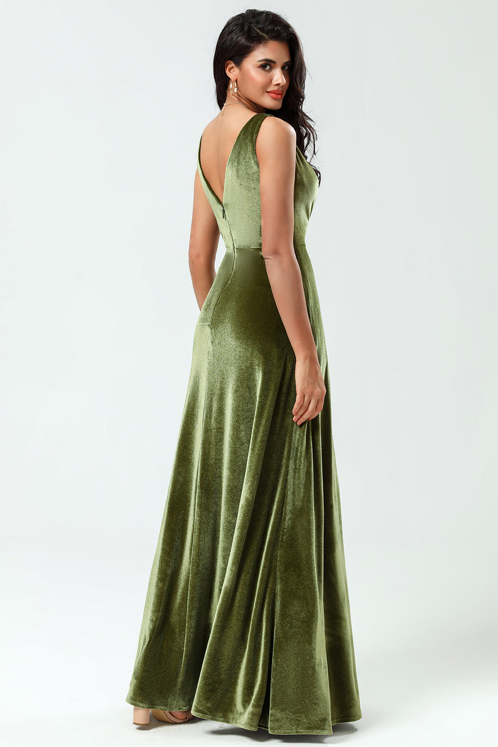 V-Neck Sleeveless A Line Olive Velvet Bridesmaid Dress with Slit